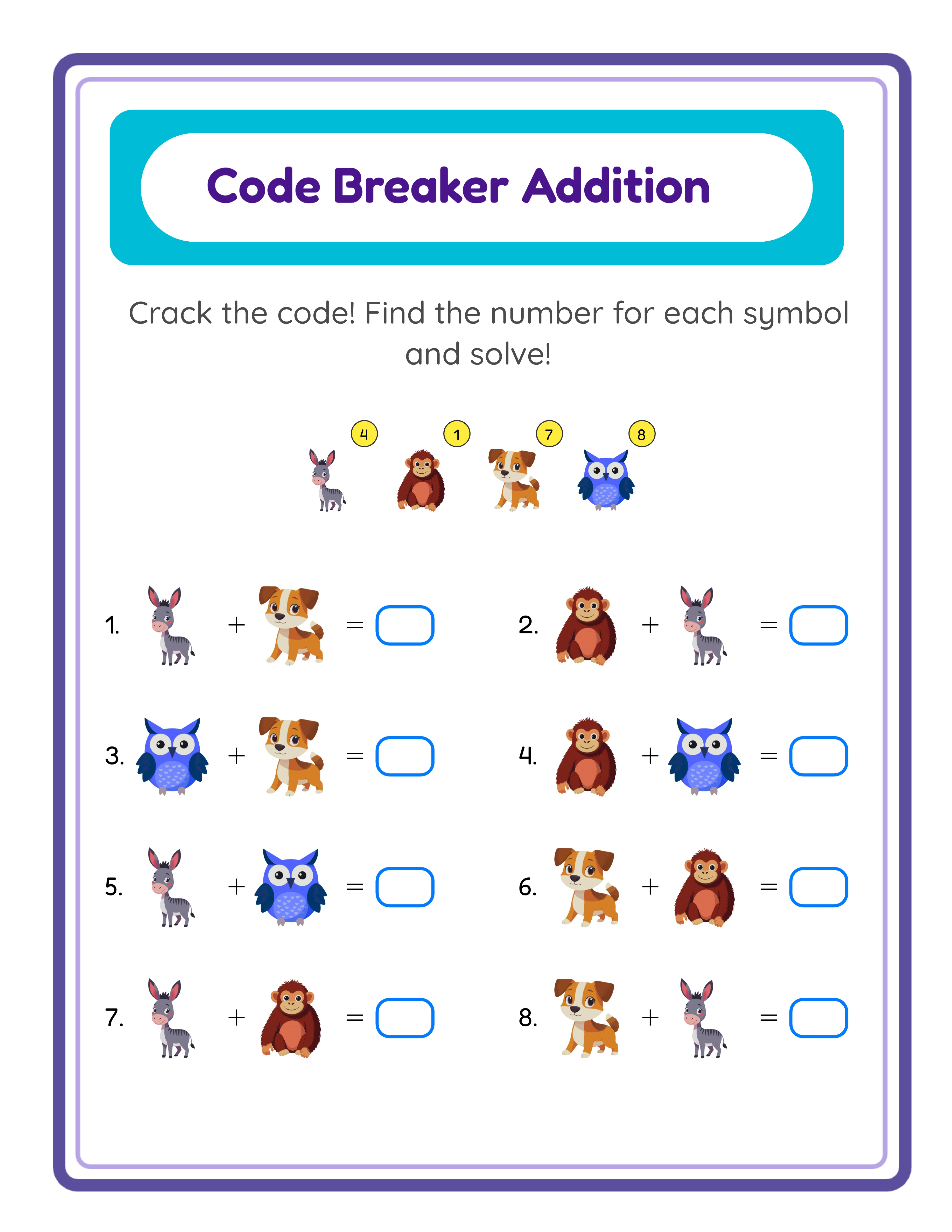 Code addition worksheet showing cryptarithmetic puzzles with image symbols hiding secret numbers