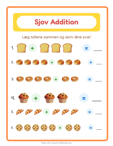 Forhåndsvisning af Addition-arbejdsark med Bageri til Børnehaveklasse