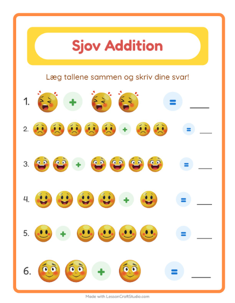 Forhåndsvisning af Addition-arbejdsark med Følelser til Børnehaveklasse