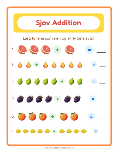 Forhåndsvisning af Plus til 10 med billeder: frugter – opgaver til 1. klasse