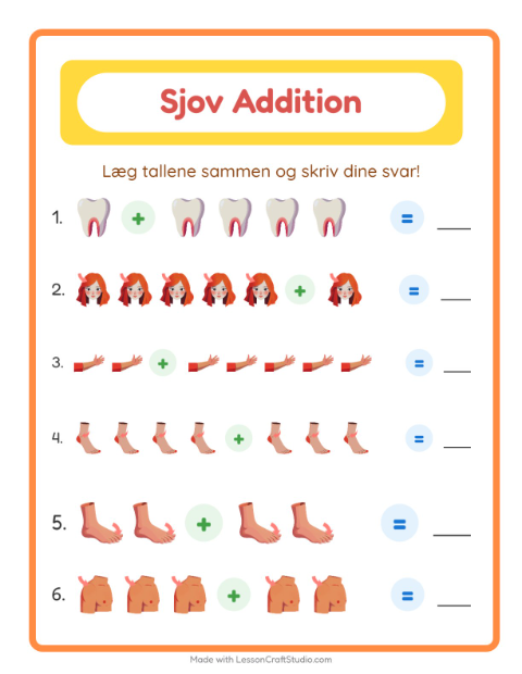 Forhåndsvisning af Addition-arbejdsark med Kropsdele til Børnehaveklasse