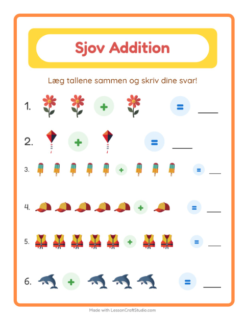 Forhåndsvisning af Addition-arbejdsark med Sommer til Børnehaveklasse
