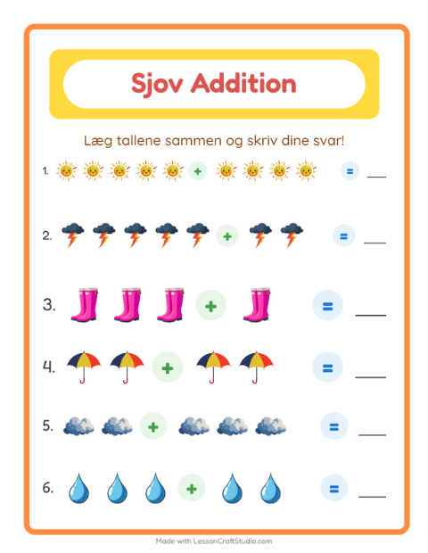 Forhåndsvisning af Addition-arbejdsark med Vejr til Børnehaveklasse