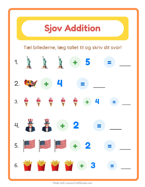 Forhåndsvisning af Addition-arbejdsark med 4. juli til Børnehaveklasse