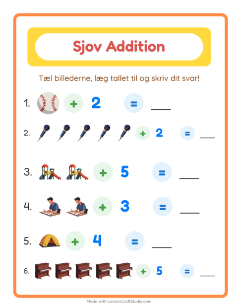 Forhåndsvisning af Addition-arbejdsark med Aktiviteter til Børnehaveklasse