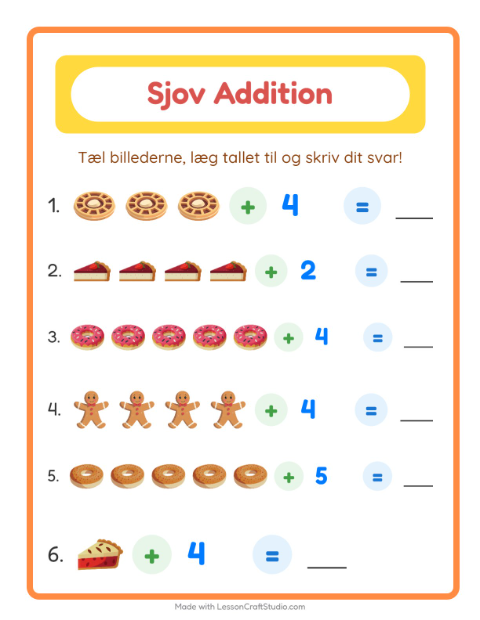 Forhåndsvisning af Addition-arbejdsark med Bageri til Børnehaveklasse