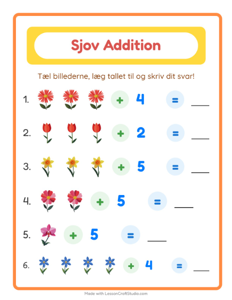 Forhåndsvisning af Addition-arbejdsark med Blomster til Børnehaveklasse