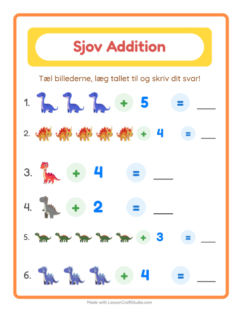 Forhåndsvisning af Addition-arbejdsark med Dinosaurer til Børnehaveklasse