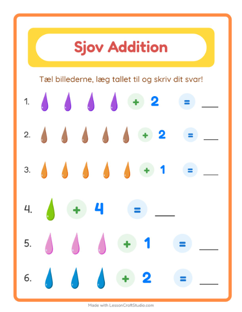 Forhåndsvisning af Addition-arbejdsark med Farver til Børnehaveklasse