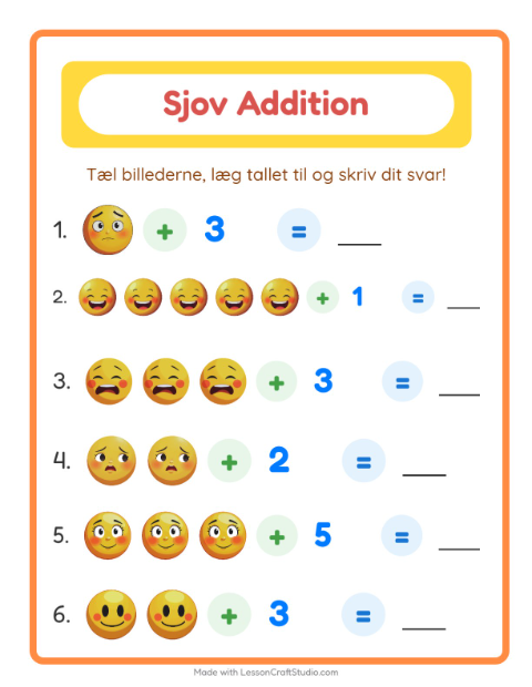 Forhåndsvisning af Addition-arbejdsark med Følelser til Børnehaveklasse