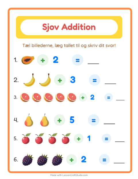 Forhåndsvisning af Addition-arbejdsark med Frugter til Børnehaveklasse