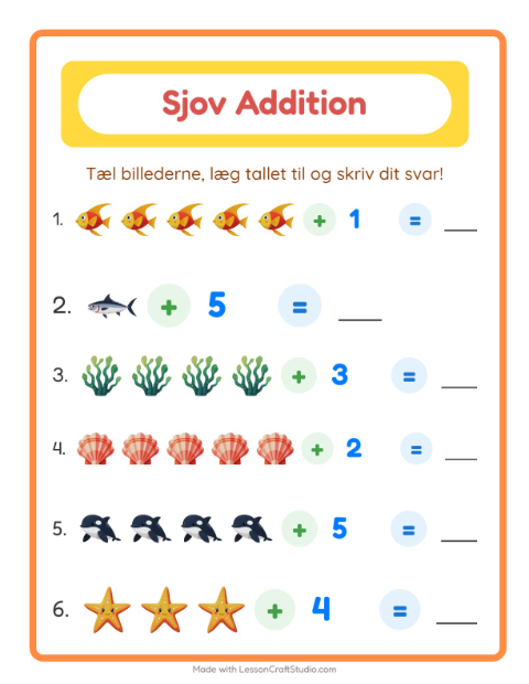 Forhåndsvisning af Addition-arbejdsark med Havliv til Børnehaveklasse