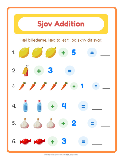 Forhåndsvisning af Addition-arbejdsark med I supermarkedet til Børnehaveklasse