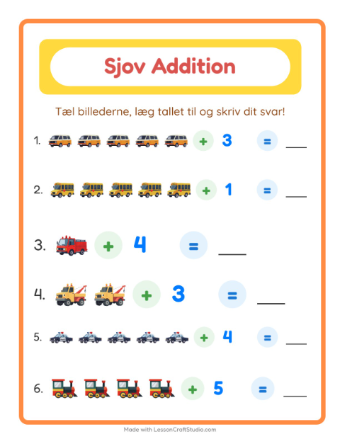 Forhåndsvisning af Plus til 10 med billeder og tal: køretøjer – opgaver til 1. klasse