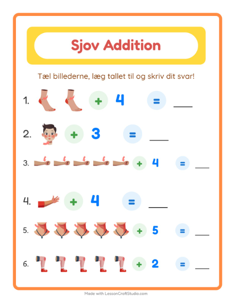 Forhåndsvisning af Addition-arbejdsark med Kropsdele til Børnehaveklasse