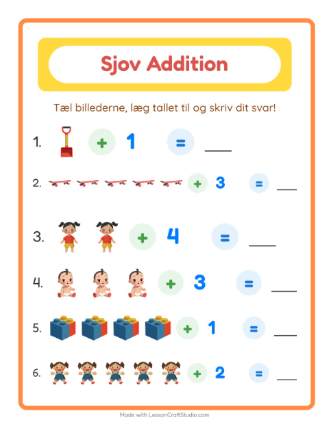 Forhåndsvisning af Plus til 10 med billeder og tal: legesager – opgaver til 1. klasse