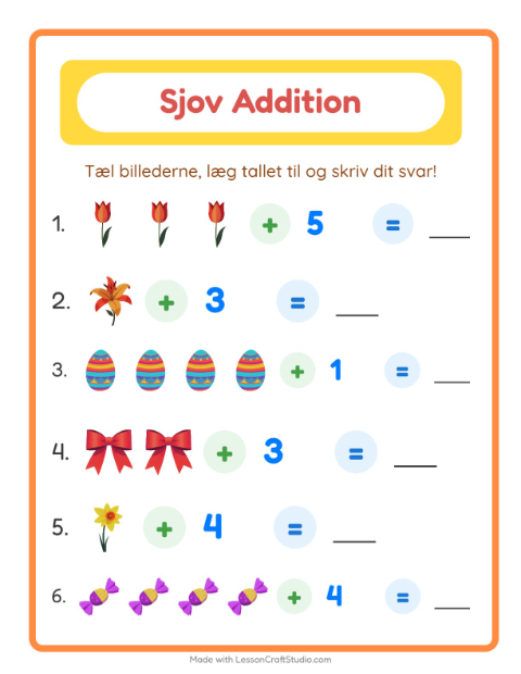 Forhåndsvisning af Addition-arbejdsark med Påske til Børnehaveklasse