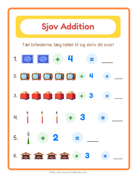 Forhåndsvisning af Plus til 10 med billeder og tal: ting – opgaver til 1. klasse