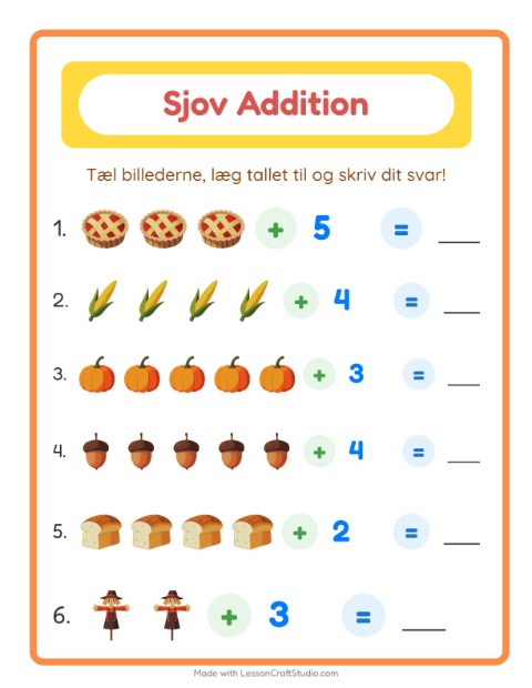 Forhåndsvisning af Addition-arbejdsark med Thanksgiving til Børnehaveklasse