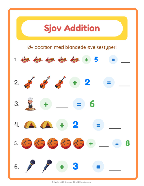 Forhåndsvisning af Addition-arbejdsark med Aktiviteter til Børnehaveklasse