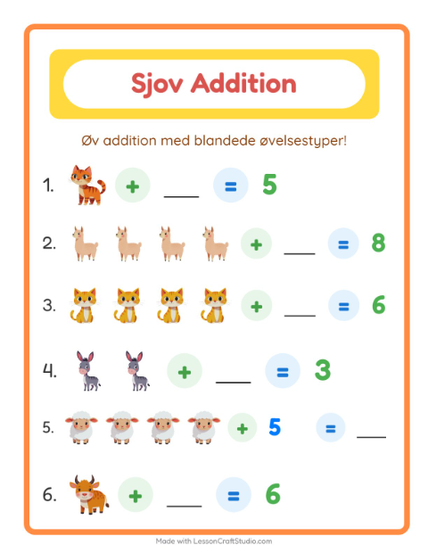 Forhåndsvisning af Addition-arbejdsark med Bondegårdsdyr til Børnehaveklasse