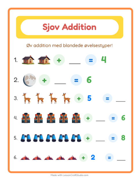 Forhåndsvisning af Addition-arbejdsark med Camping til Børnehaveklasse