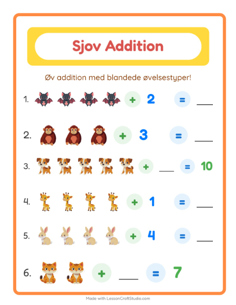 Forhåndsvisning af Addition-arbejdsark med Dyr til Børnehaveklasse