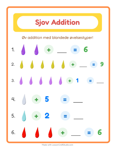 Forhåndsvisning af Addition-arbejdsark med Farver til Børnehaveklasse