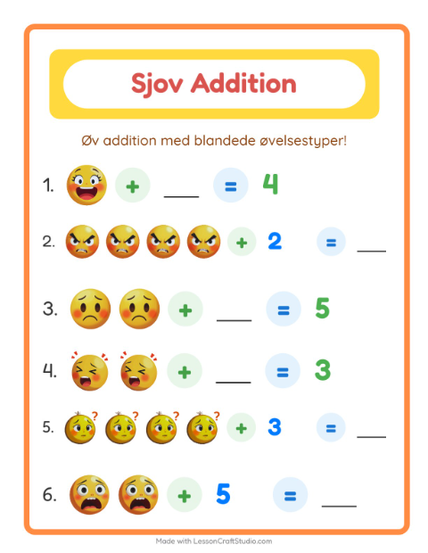 Forhåndsvisning af Addition-arbejdsark med Følelser til Børnehaveklasse