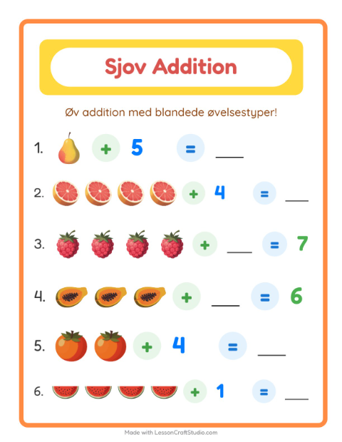 Forhåndsvisning af Plusopgaver til 10: frugter – blandede opgaver til 1. klasse