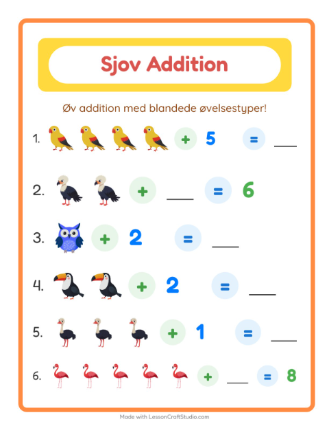 Forhåndsvisning af Plusopgaver til 10: fugle – blandede opgaver til 1. klasse