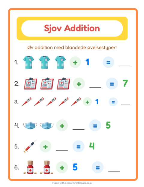 Forhåndsvisning af Addition-arbejdsark med Hospital til Børnehaveklasse