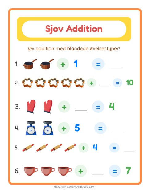 Plusopgaver til 10: køkkenredskaber – blandede opgaver til 1. klasse — 2