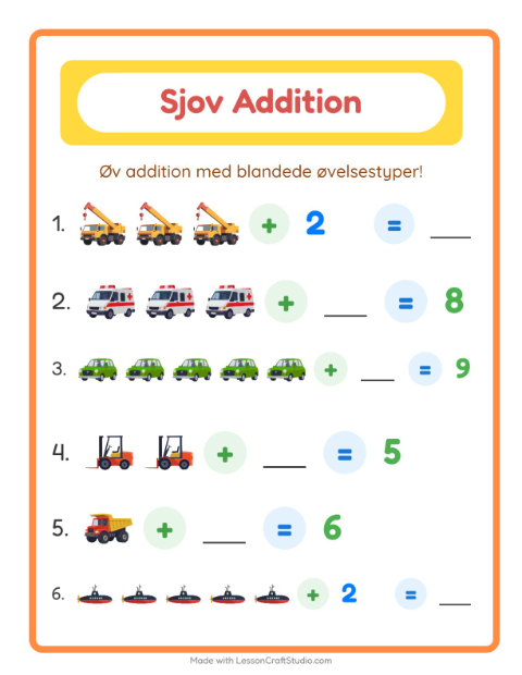 Forhåndsvisning af Addition-arbejdsark med Køretøjer til Børnehaveklasse