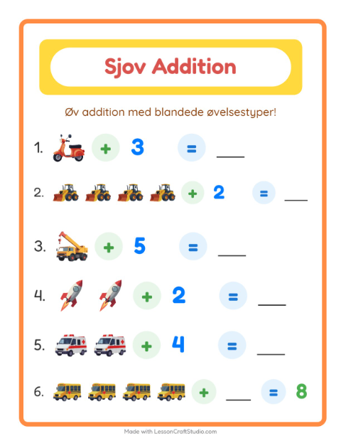 Forhåndsvisning af Plusopgaver til 10: køretøjer – blandede opgaver til 1. klasse