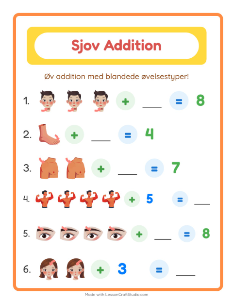 Forhåndsvisning af Addition-arbejdsark med Kropsdele til Børnehaveklasse