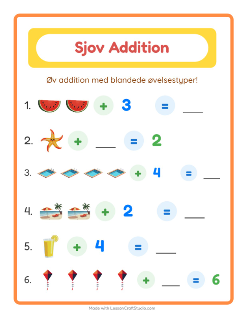 Forhåndsvisning af Addition-arbejdsark med Sommer til Børnehaveklasse