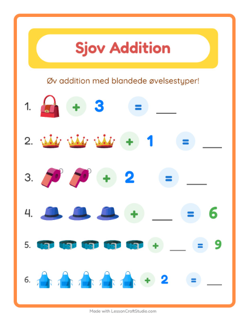 Forhåndsvisning af Addition-arbejdsark med Tilbehør til Børnehaveklasse