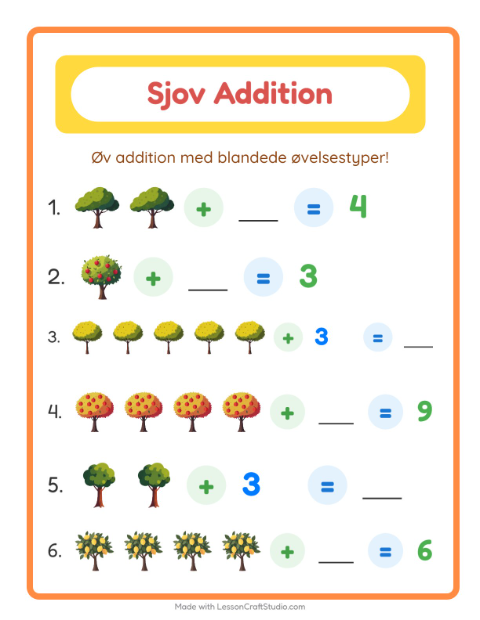 Forhåndsvisning af Addition-arbejdsark med Træer til Børnehaveklasse