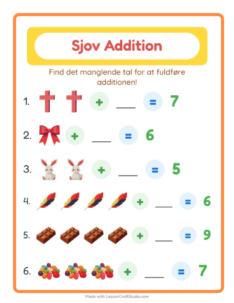 Forhåndsvisning af Addition-arbejdsark med Påske til Børnehaveklasse