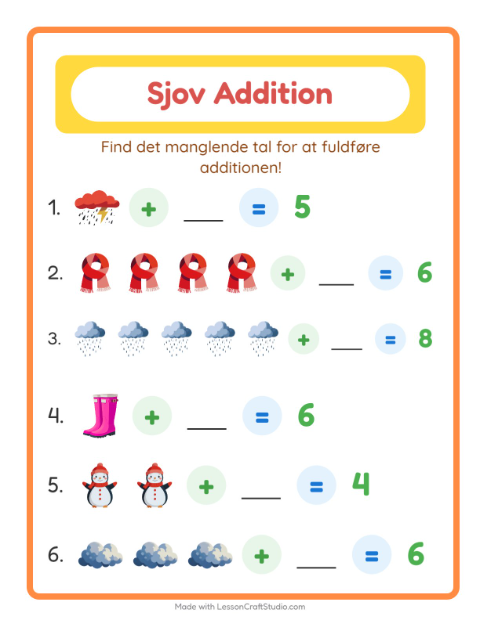 Forhåndsvisning af Addition-arbejdsark med Vejr til Børnehaveklasse