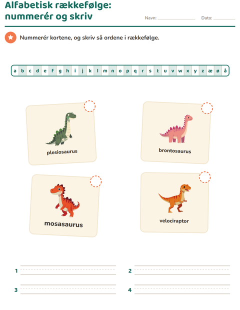 Forhåndsvisning af Alfabetisk rækkefølge-arbejdsark med Dinosaurer til 1. klasse