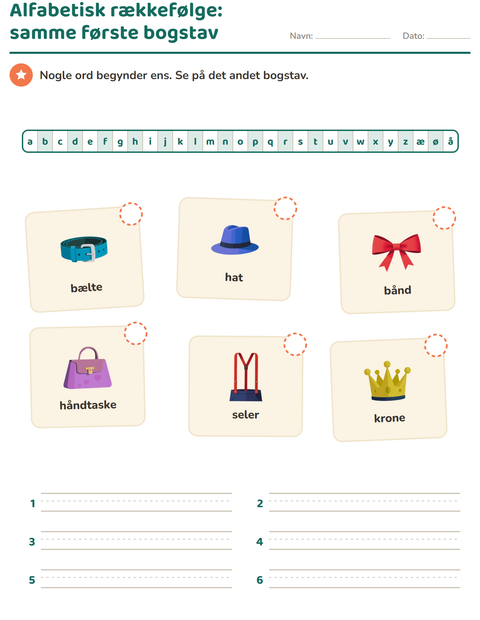 Forhåndsvisning af Alfabetisk rækkefølge-arbejdsark med Tilbehør til 1. klasse