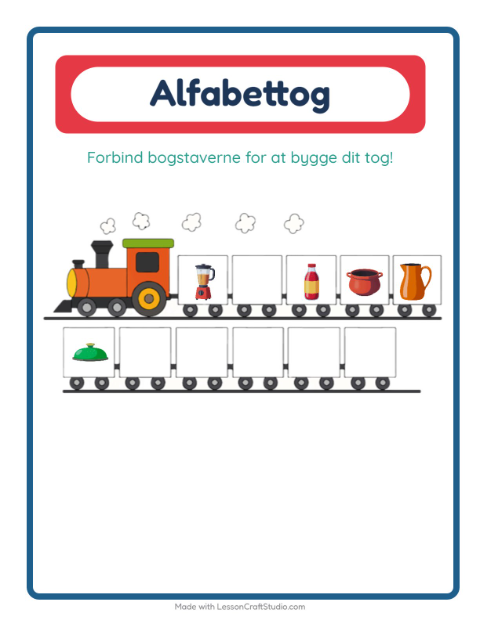 Forhåndsvisning af Alfabettoget-arbejdsark med Køkkenredskaber til Børnehave