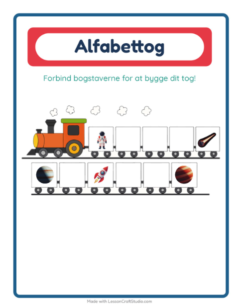 Forhåndsvisning af Alfabettoget-arbejdsark med Rummet til Børnehave