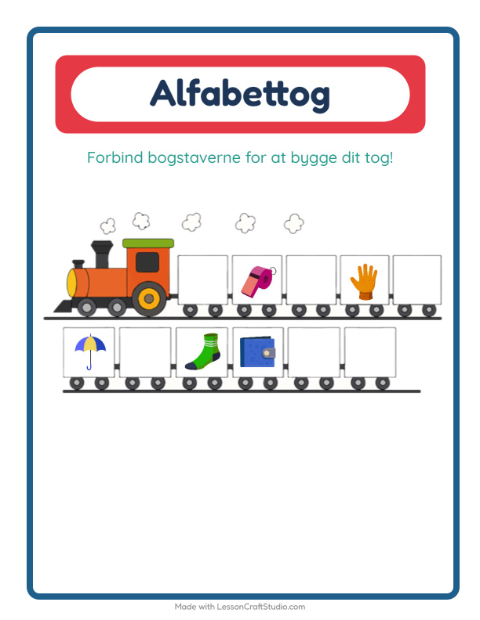 Forhåndsvisning af Alfabettoget-arbejdsark med Tilbehør til Børnehave
