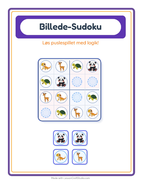 Forhåndsvisning af Billedsudoku-arbejdsark med Dyr til Børnehaveklasse