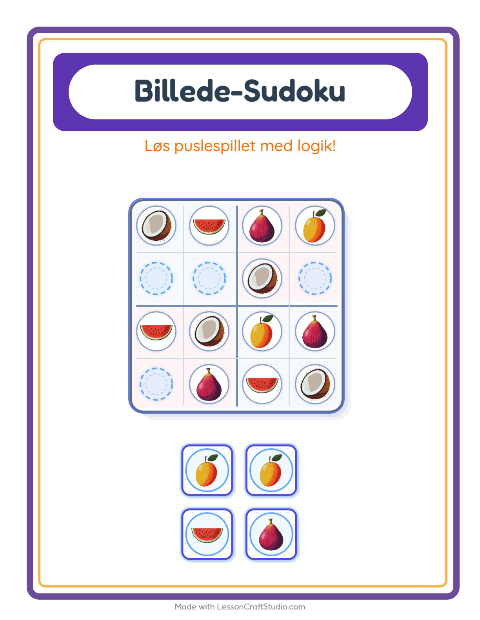 Forhåndsvisning af Billedsudoku-arbejdsark med Frugter til Børnehaveklasse