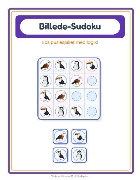 Forhåndsvisning af Billedsudoku-arbejdsark med Fugle til Børnehaveklasse