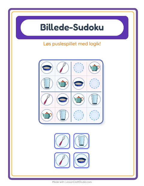 Forhåndsvisning af Billedsudoku-arbejdsark med Køkkenredskaber til Børnehaveklasse